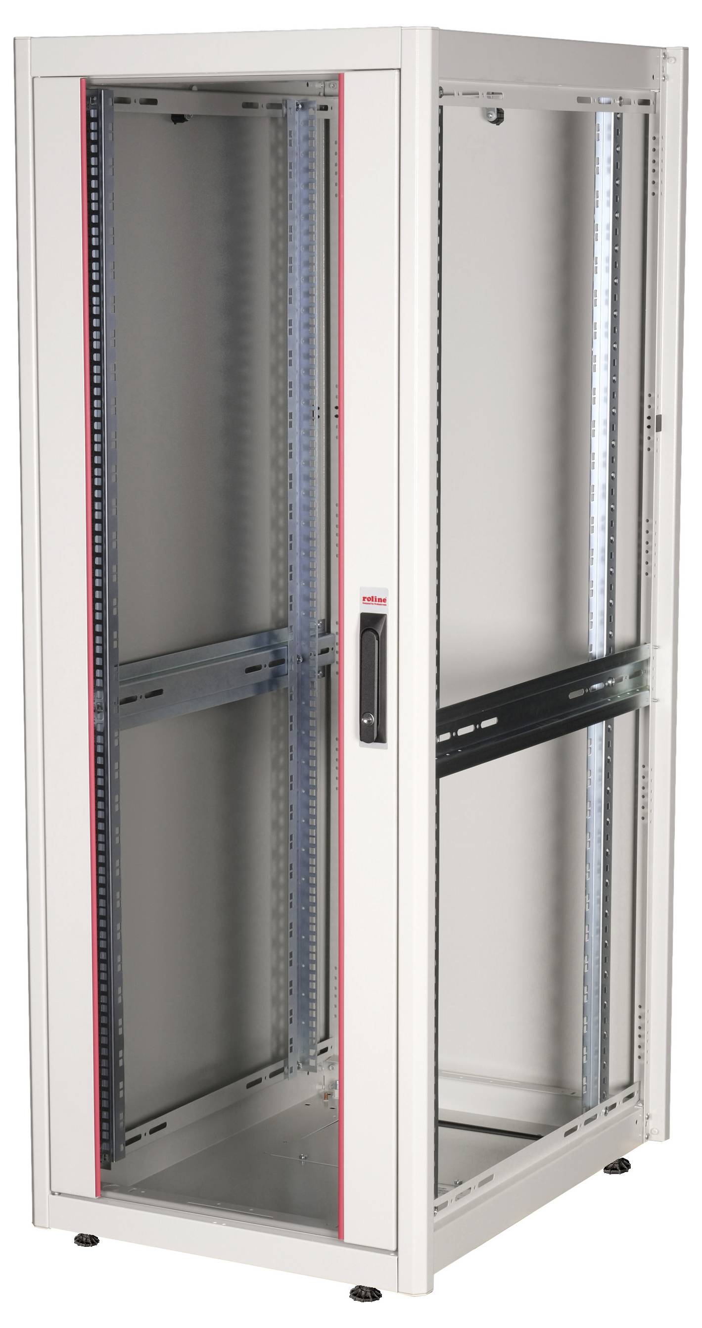 Kovinsko strežniško omaro brez opreme s stekleno vrati, primerno za namestitev IT-opreme v podatkovnih centrih ali tehničnih prostorih.