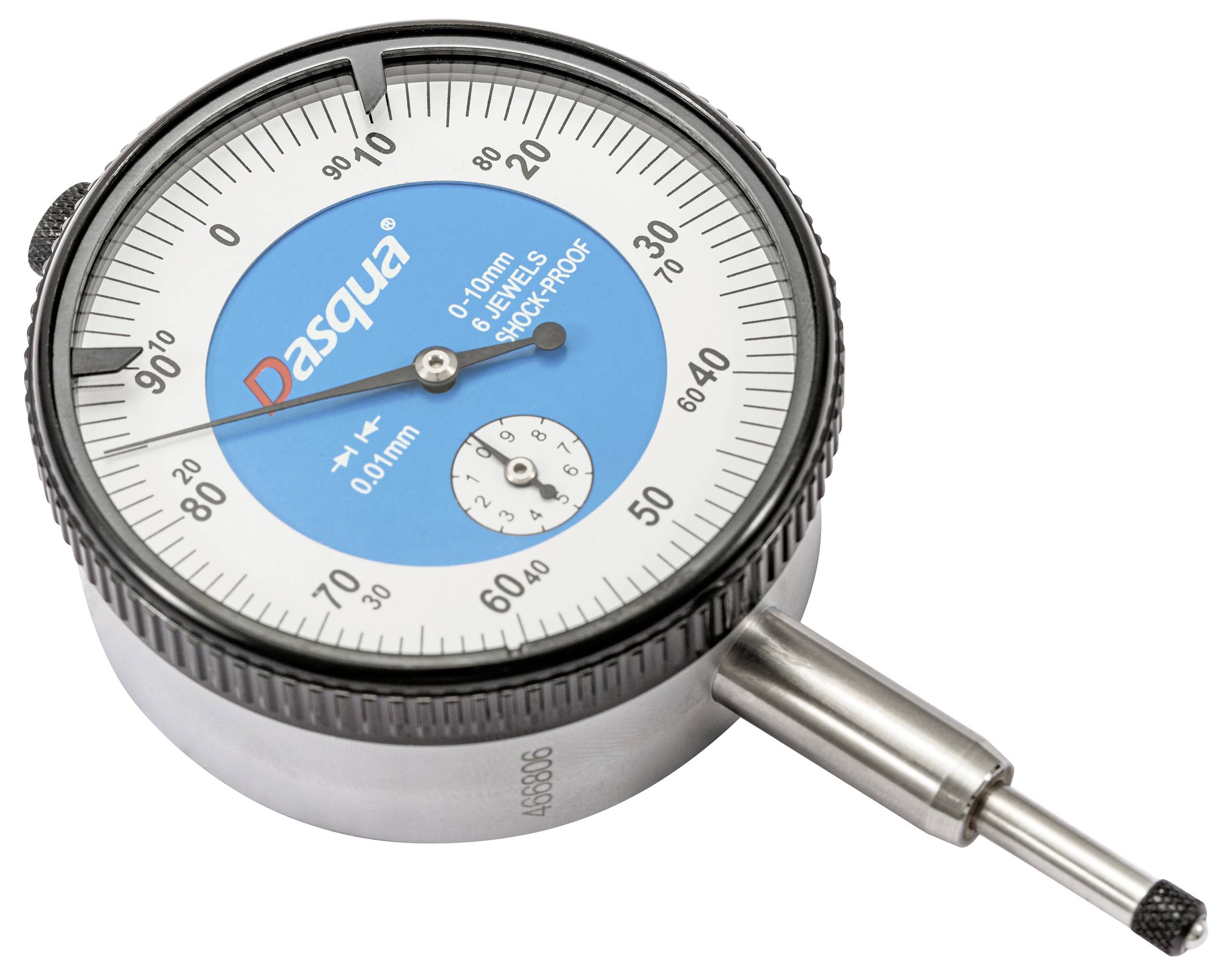 Analogni merilnik z lestvico od 0 do 10 mm in razdelitvijo po 0,01 mm. Oznaka pri 0,54 mm. Majhen številčnik za malo obratov.