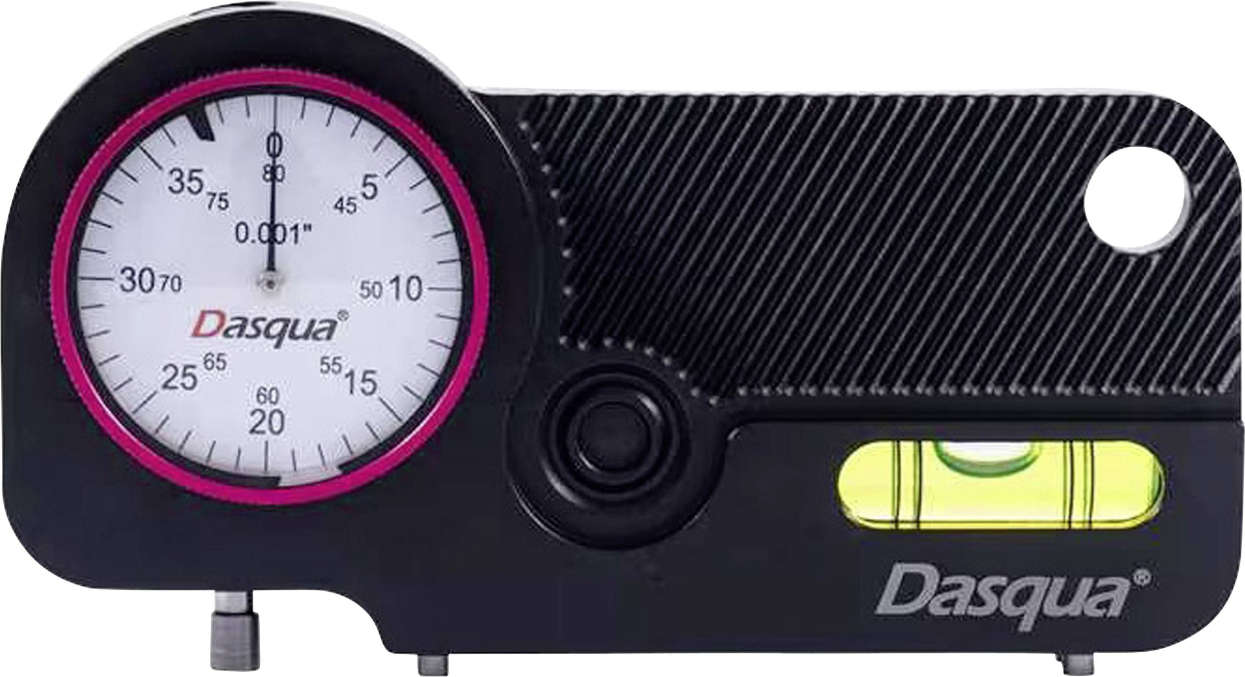 Merilna naprava z analognim prikazovalnikom, prikazuje inkremence 0,001''. Vsebuje libelo, črno ohišje z blagovno znamko 'Dasqua' v spodnjem desnem kotu.