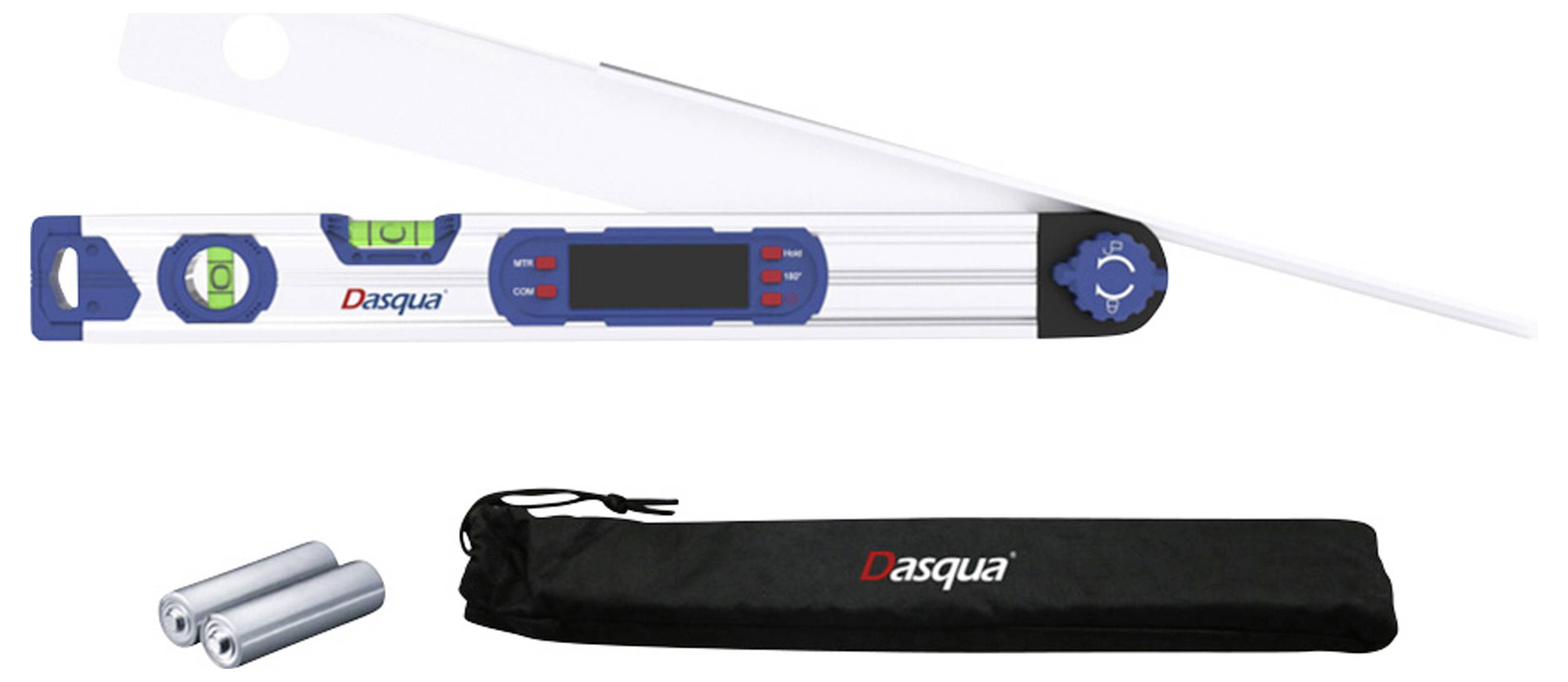 Digitalni kotomer znamke Dasqua z LCD zaslonom, vodno tehtnico, dvema baterijama in torbico za shranjevanje. Idealen za natančne meritve kotov.