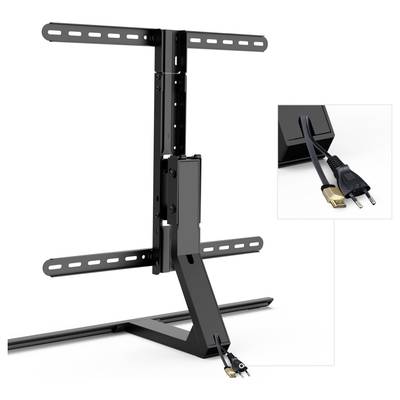 TV-stenski nosilec iz kovine z nagibno funkcijo, primeren za ploščate zaslone. Vstavek prikazuje priključne kable z HDMI in omrežnim vtičem.