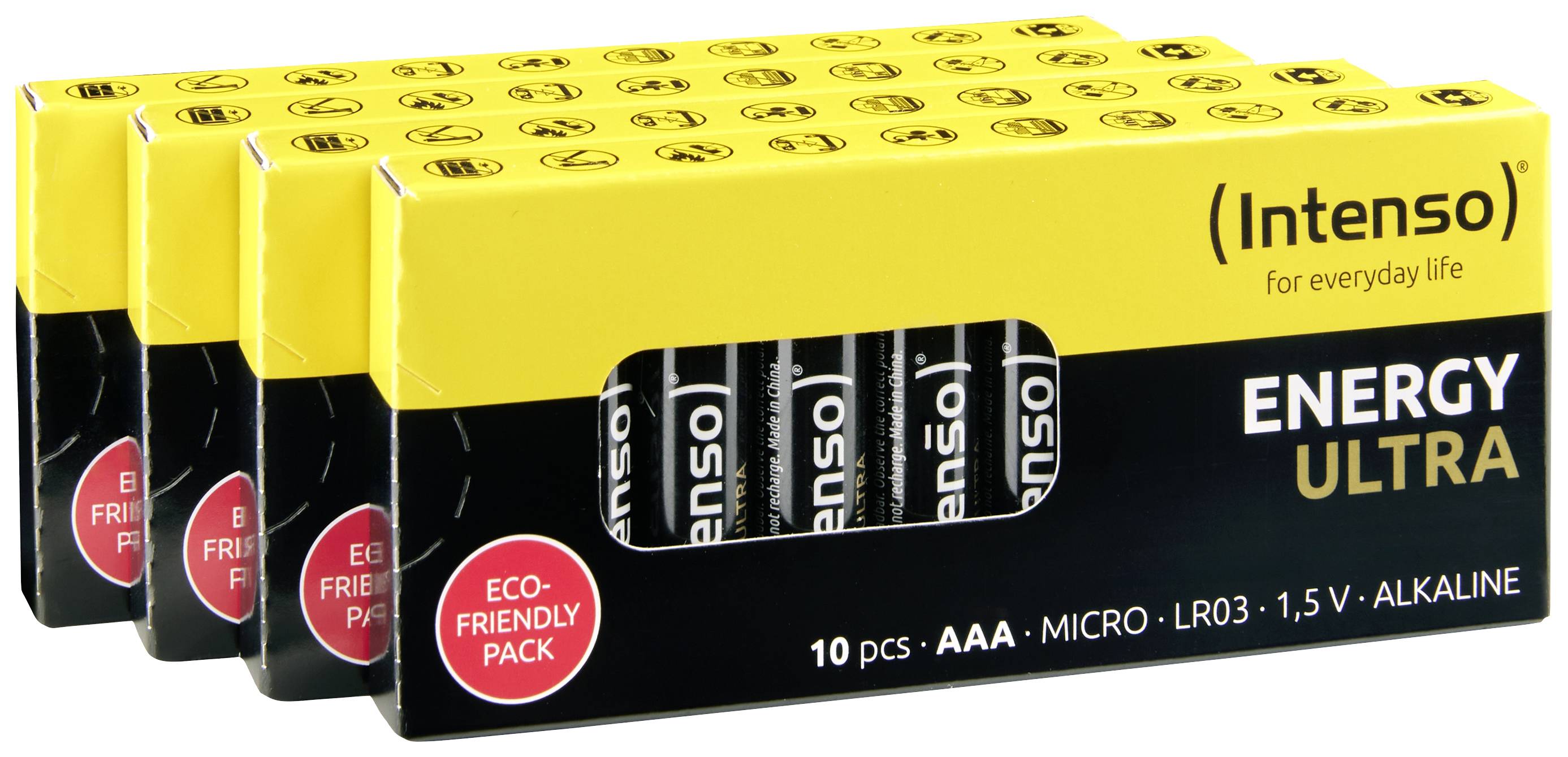 Paket baterij znamke 'Intenso' z oznako 'Energy Ultra'. Vsebuje 10 AAA alkalnjih baterij v okolju prijazni embalaži.