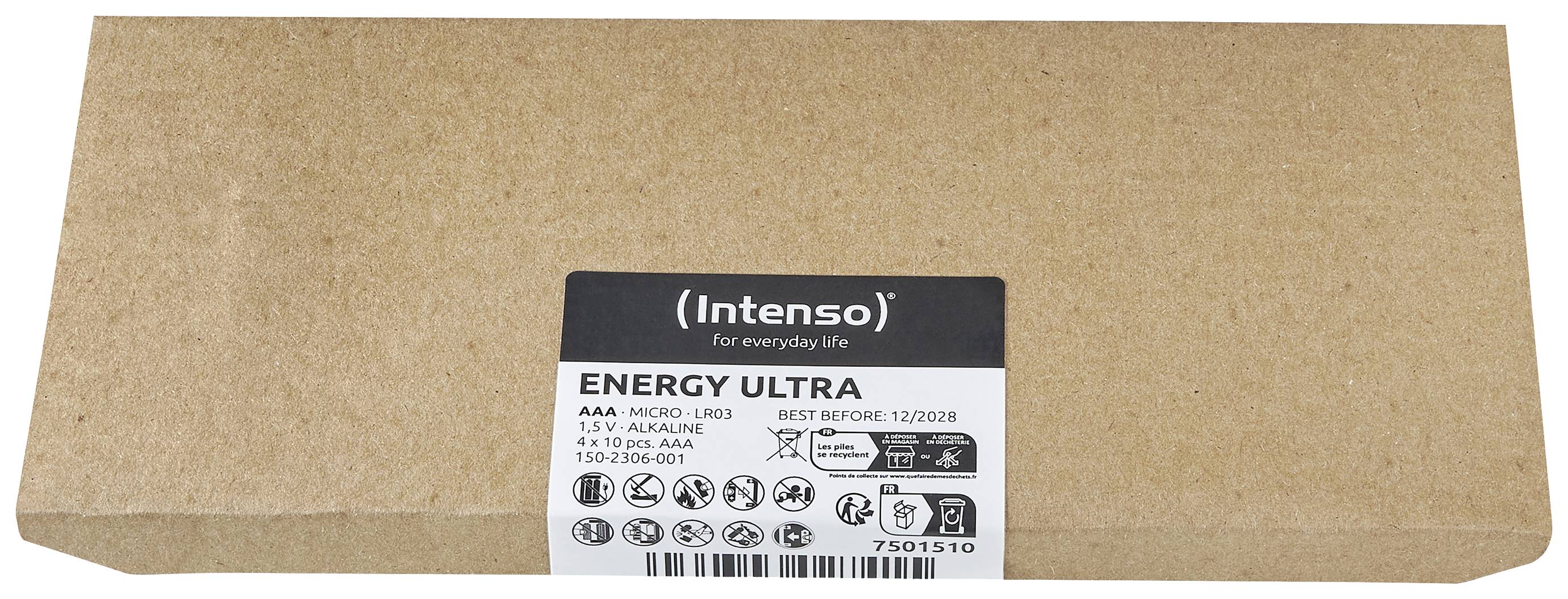Kartonska embalaža z Intenso AAA baterijami 'ENERGY ULTRA', alkalne 1,5V. Natisnjen datum roka trajanja: 12/2028.