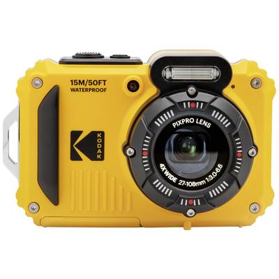 Rumena vodoodporna kamera z napisom '15M/50FT VODOODPORNO' in 'KODAK'. Pogled od spredaj prikazuje objektiv z napisom 'PIXPRO OBJEKTIV'.
