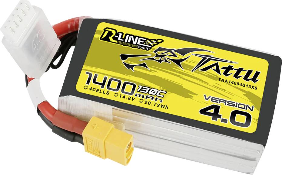 Rumeni LiPo akumulator znamke Tattu, 1400 mAh, 4 celice, 14,8V, za RC naprave. Črna in rumena nalepka z različico 4.0.
