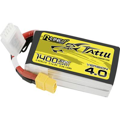 Rumeni LiPo akumulator znamke Tattu, 1400 mAh, 4 celice, 14,8V, za RC naprave. Črna in rumena nalepka z različico 4.0.