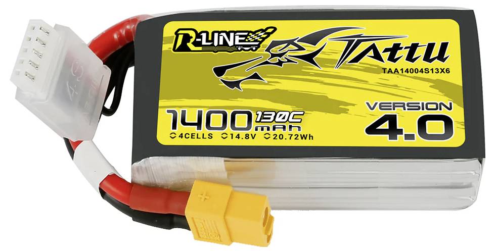 LiPo-akumulator s 1400 mAh kapaciteto, 14,8 V napetostjo za daljinsko vodene modele, rumeno-črn dizajn z logotipom zmaja.