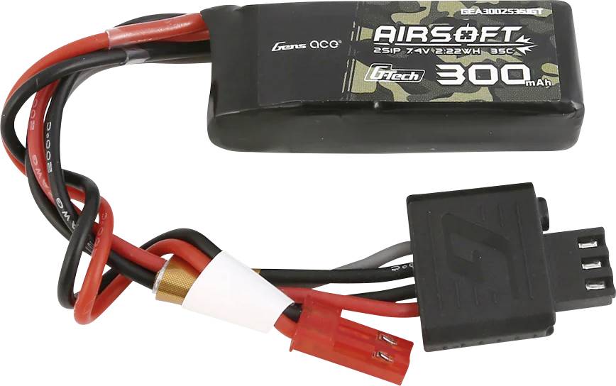 LiPo akumulator s 300 mAh, posebej razvit za airsoft naprave, prikazuje napetost 7,4 V. Priključeni so rdeči in črni kabli.