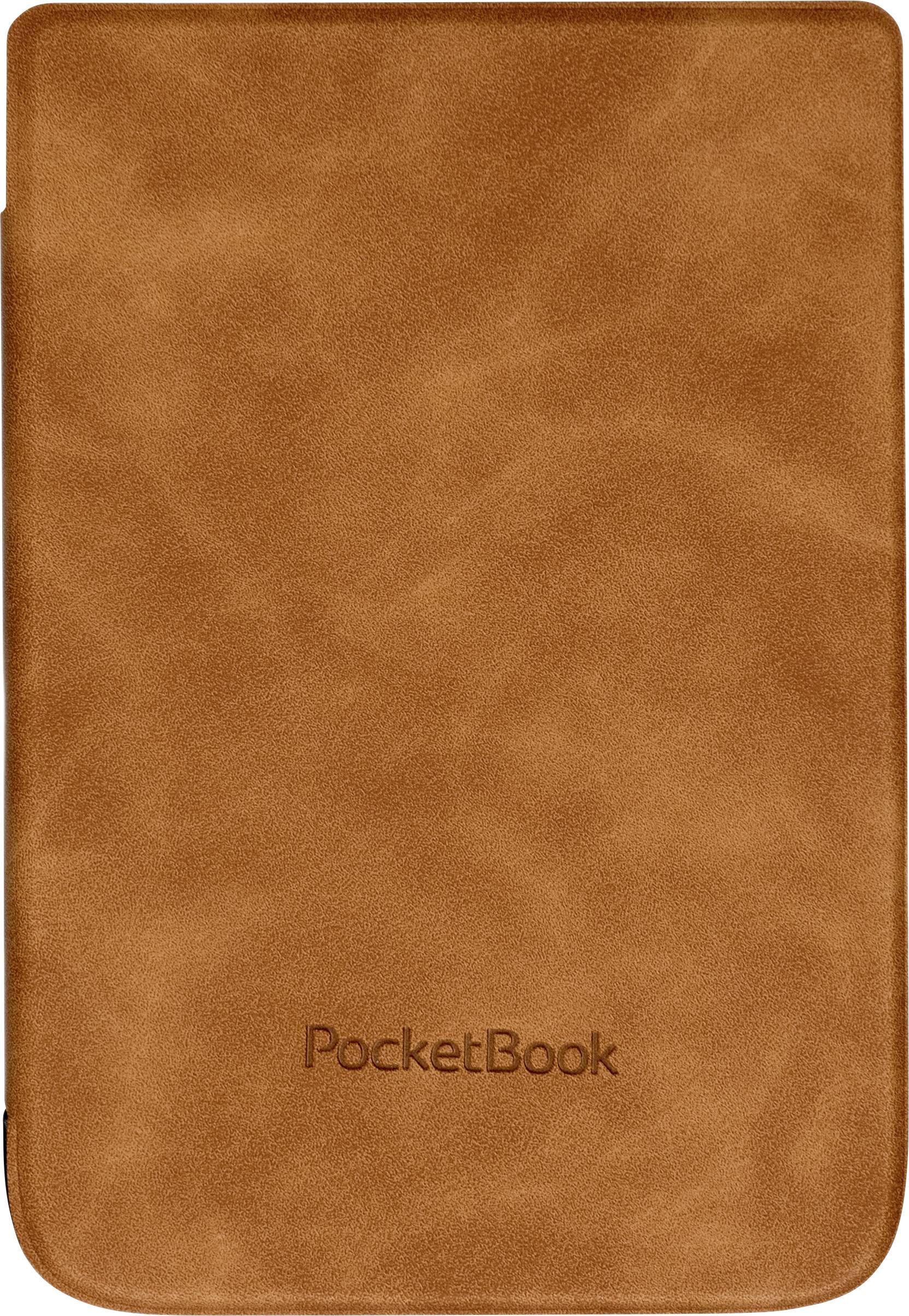 Rjav usnjen ovitek z vtisnjenim logotipom 'PocketBook' na sprednji strani. Zasnovan za elegantno zaščito elektronske naprave.