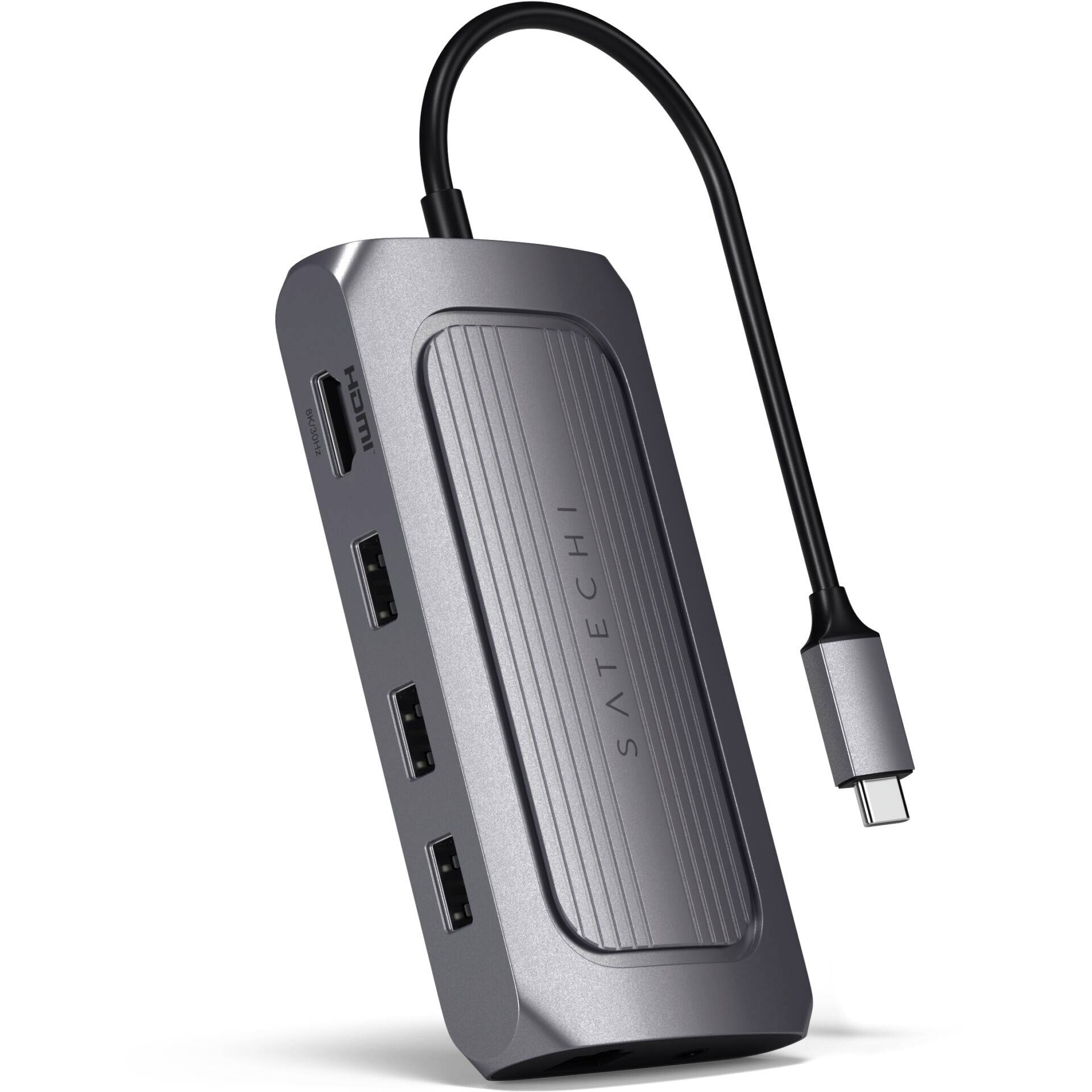 Siv USB-C zvezdišč z več priključki, vključno z HDMI in USB. Na sprednji strani napis 'Satechi'.