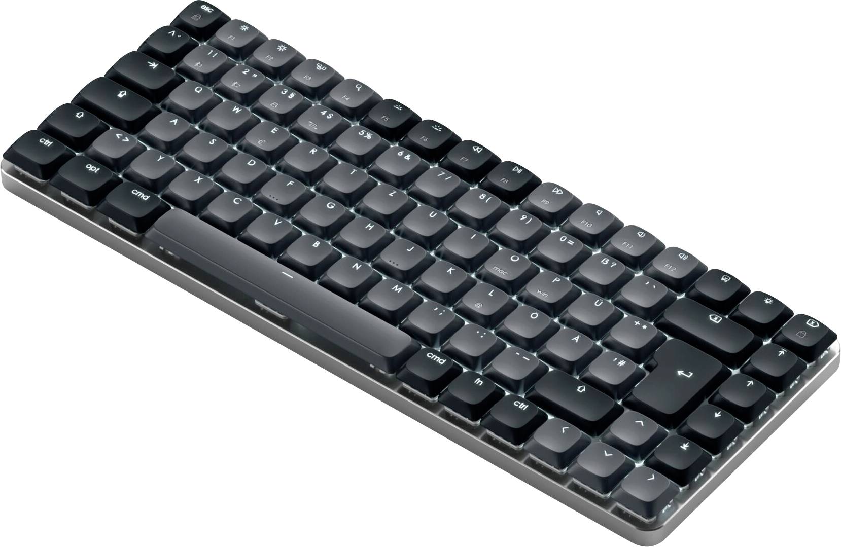 Črna, kompaktna tipkovnica z osvetlitvijo v poševnem pogledu. Tipke v razporeditvi QWERTZ.