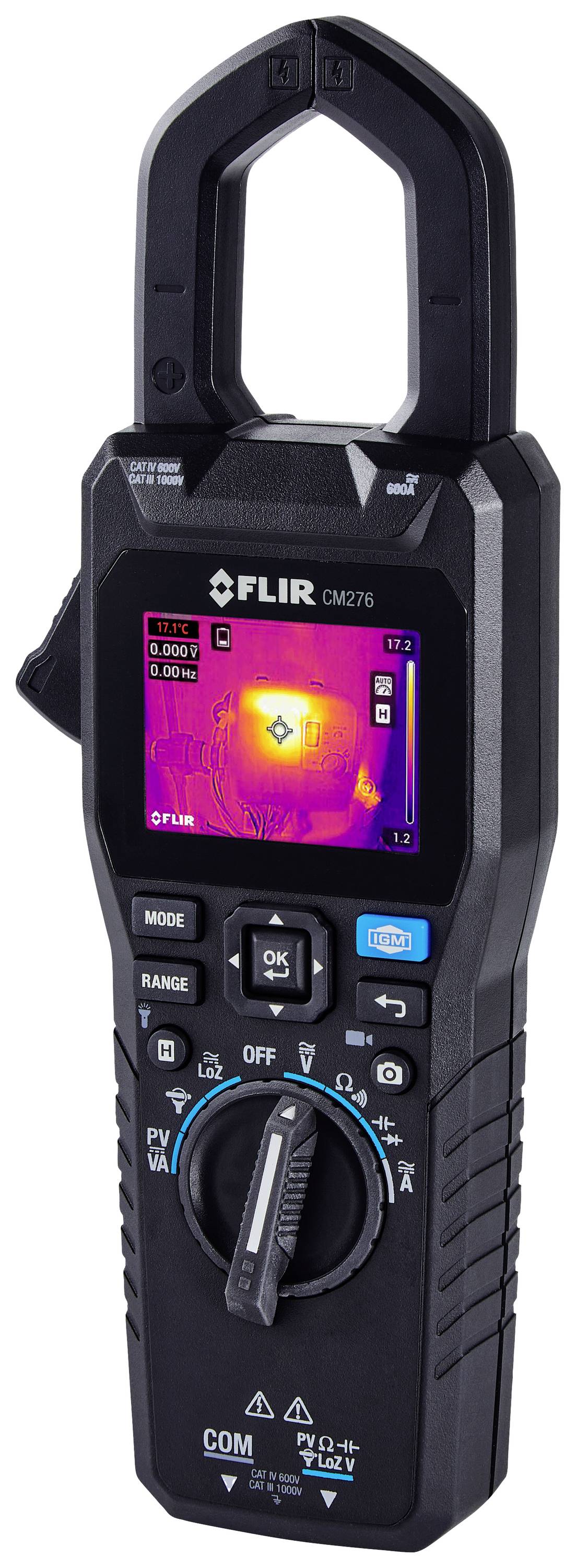 Klešasti merilnik z digitalnim zaslonom prikazuje toplotno sliko. Uporablja se za merjenje električnih tokov in temperatur.