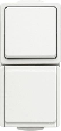 Dvojni stenski stikali, vsako s pravokotnim preklopnim stikalom zgoraj in spodaj, obe v nevtralni beli barvi.