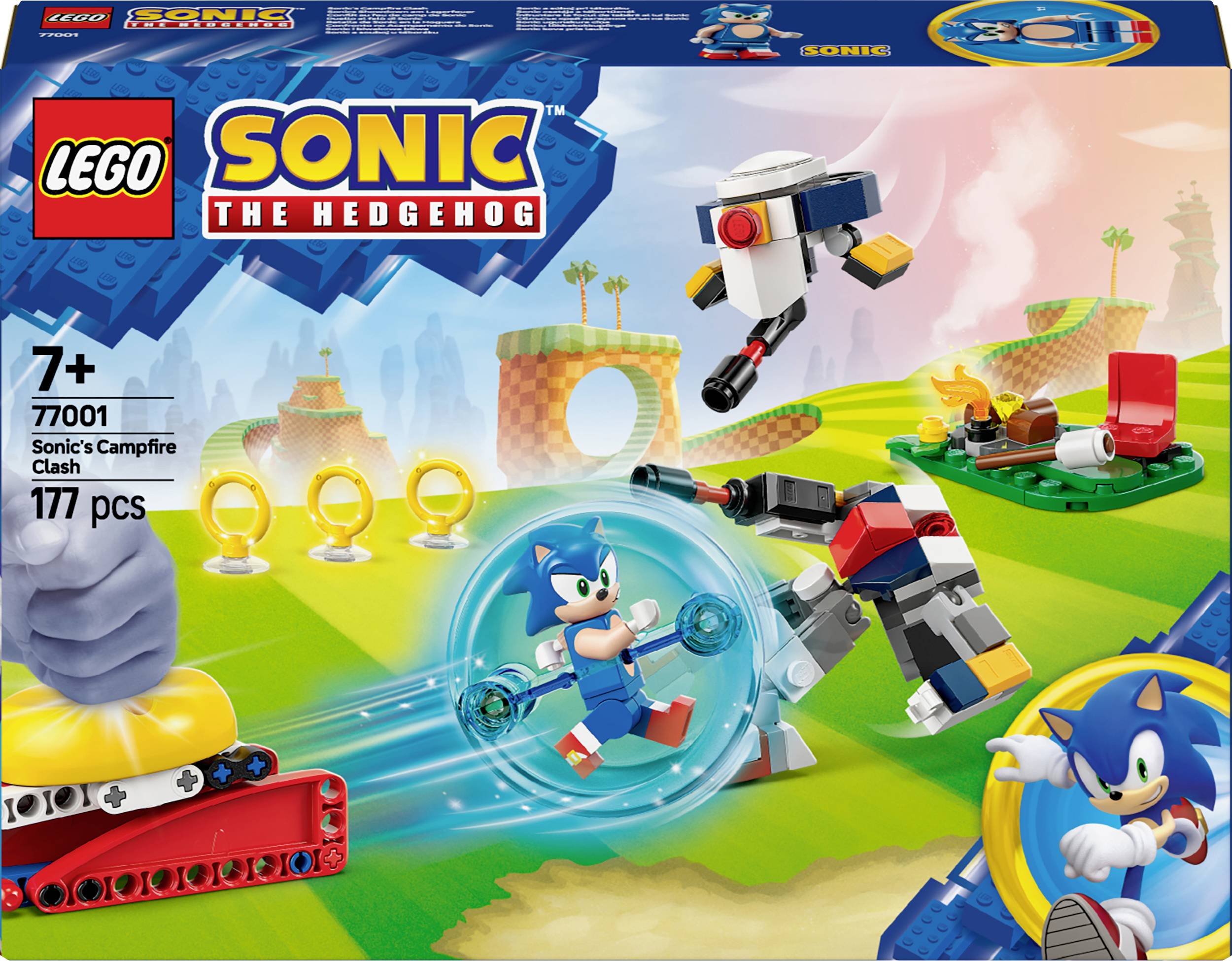LEGO-komplet 'Sonic the Hedgehog'. Sonic teče skozi pisano pokrajino s prstani, bori se proti robotu. Vsebuje 177 delov.