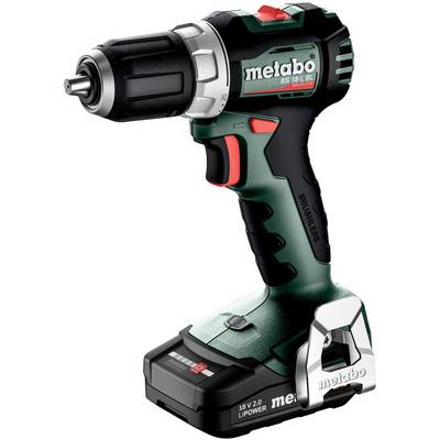 Brezžična Metabo električna vrtalna машина s paketom baterije, prikazana na belem ozadju.