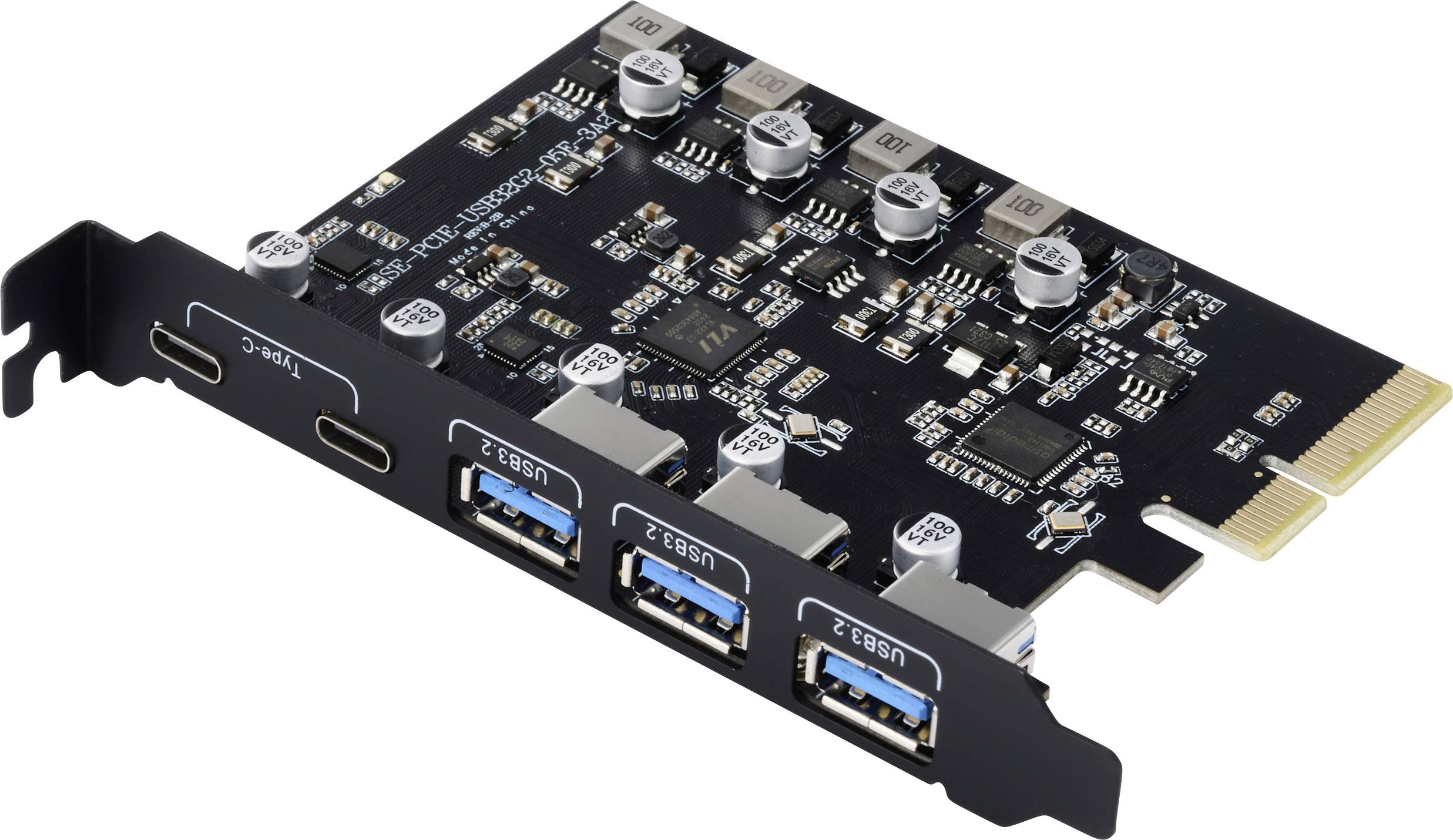 PCIe razširitvena kartica s tremi USB 3.0- in dvema USB-C-priključkoma. Omogoča razširitev računalnika z dodatnimi USB-vrati.