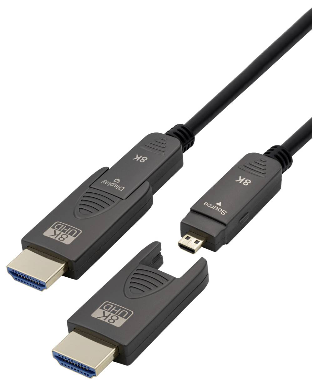 HDMI-kabel za 8K Ultra-HD videoprenos z zaslonskimi in mikro adapterskimi vtiči, primeren za različne naprave.