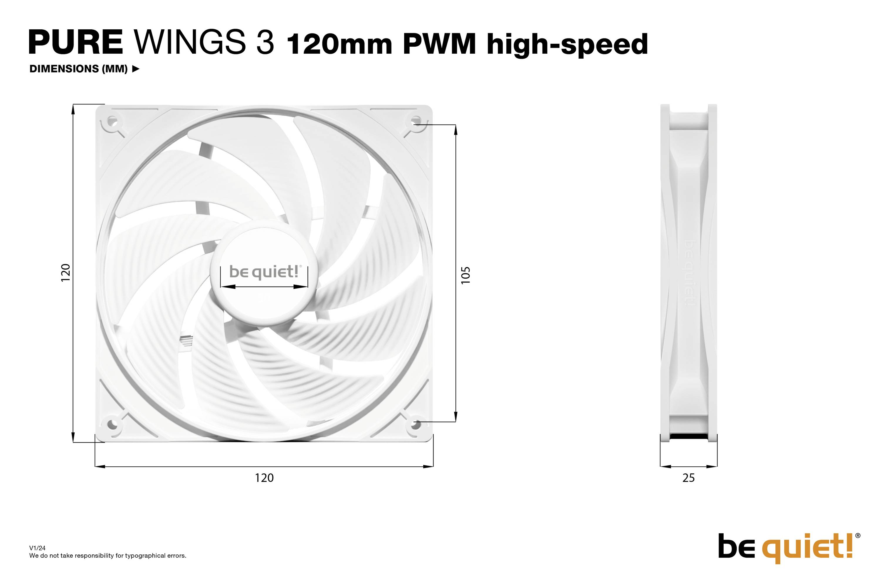 'Ventilator PURE WINGS 3 120mm PWM visoke hitrosti; Dimenzije: 120x120x25 mm; Blagovna znamka: be quiet!'