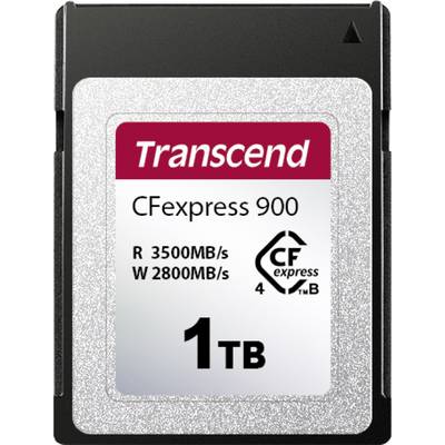 Transcendova CFexpress pomnilniška kartica s 1 TB zmogljivostjo. Hitrost branja/pisanja: 3500 MB/s / 2800 MB/s. Model: CFexpress 900.