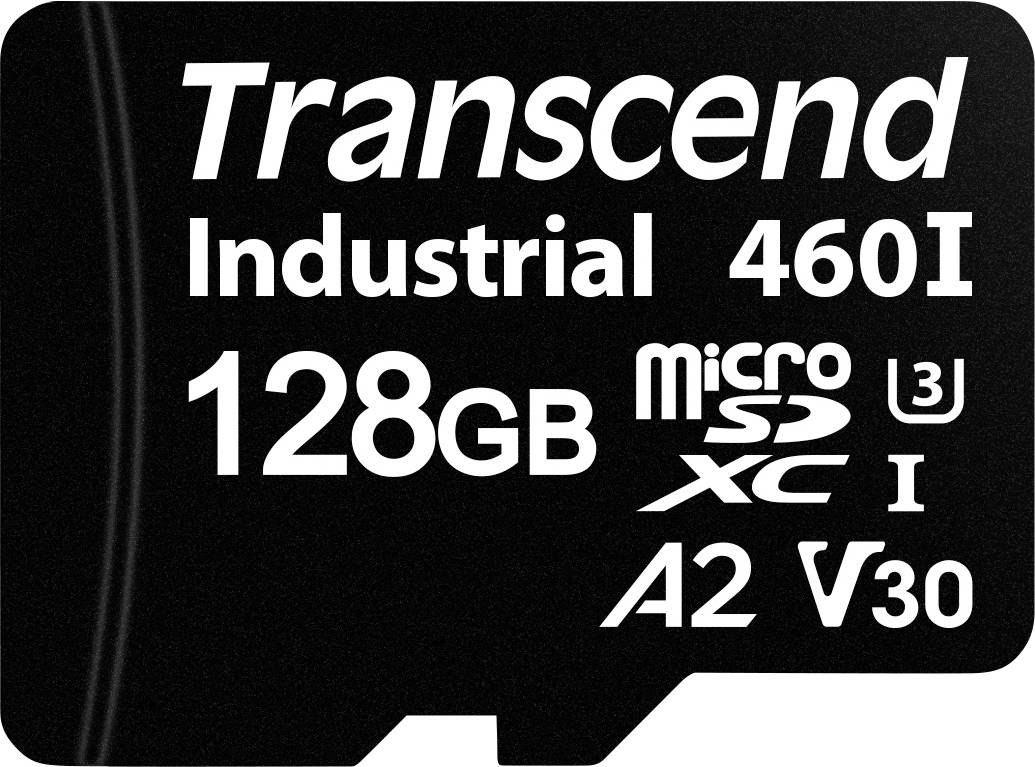 Črna microSD kartica Transcend, model Industrial 460I, 128 GB, podpira microSDXC, U3, A2, V30, razred hitrosti I.