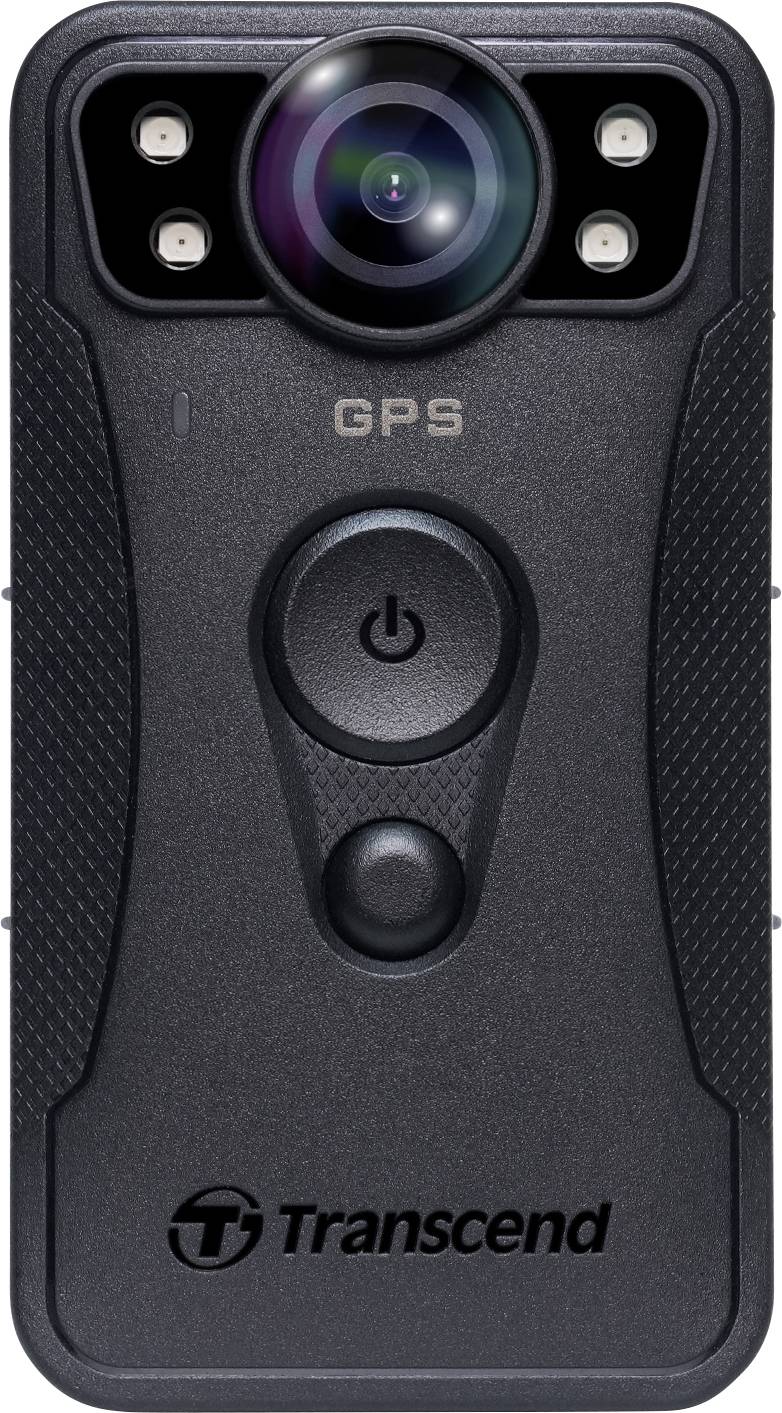 Črna kamera z objektivom na vrhu, obdana s štirimi LED lučkami. Velik gumb za vklop in beseda 'GPS' sta vidna.