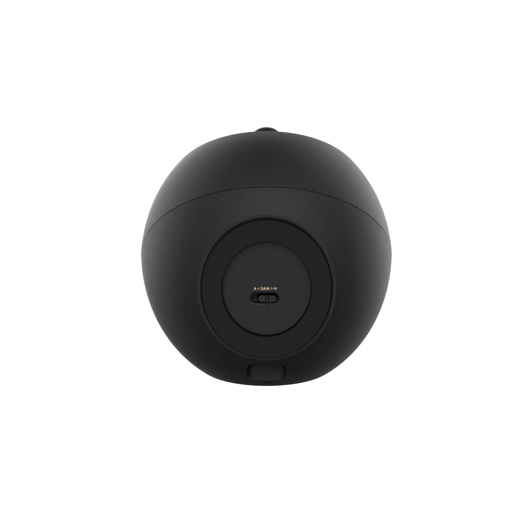 Črn, kroglast zvočnik na beli podlagi, pogled od spredaj, osrednji upravljalni element viden.