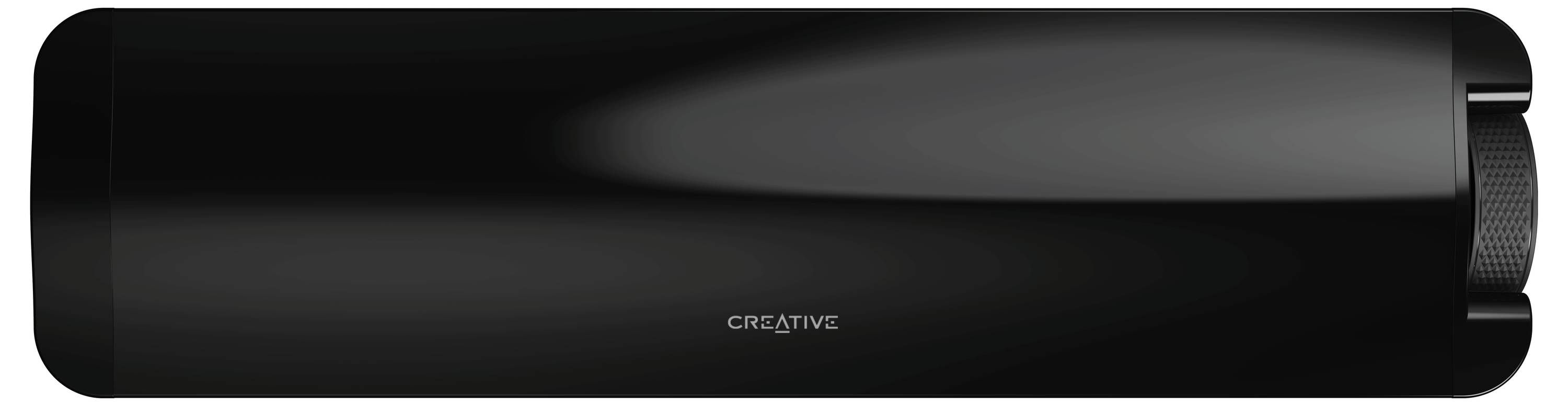 Dolga, črna soundbar z zaobljenima koncema in napisom 'Creative' na sredini. Idealna za domači kino sisteme.