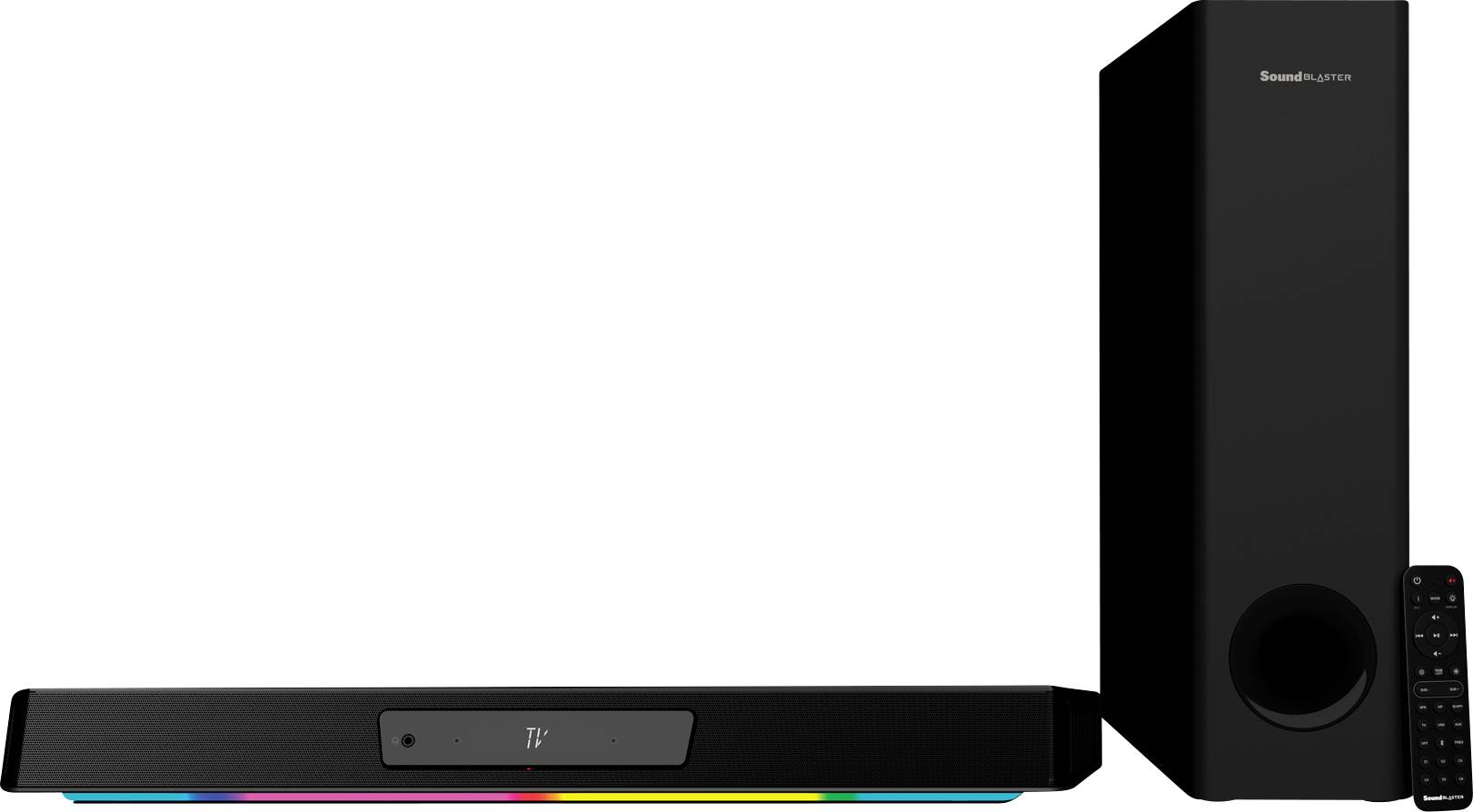Soundbar z pravokotnim subwooferjem in daljinskim upravljalnikom zraven, na beli podlagi. Soundbar spredaj prikazuje svetle svetlobne učinke.