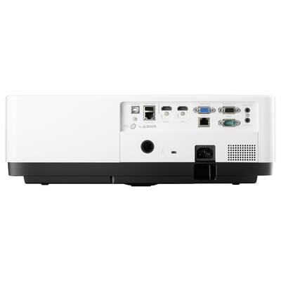Zadnja stran projektorja z različnimi priključki, vključno z VGA-, DVI-, HDMI-vrati, USB-priključkom in napajalnikom.
