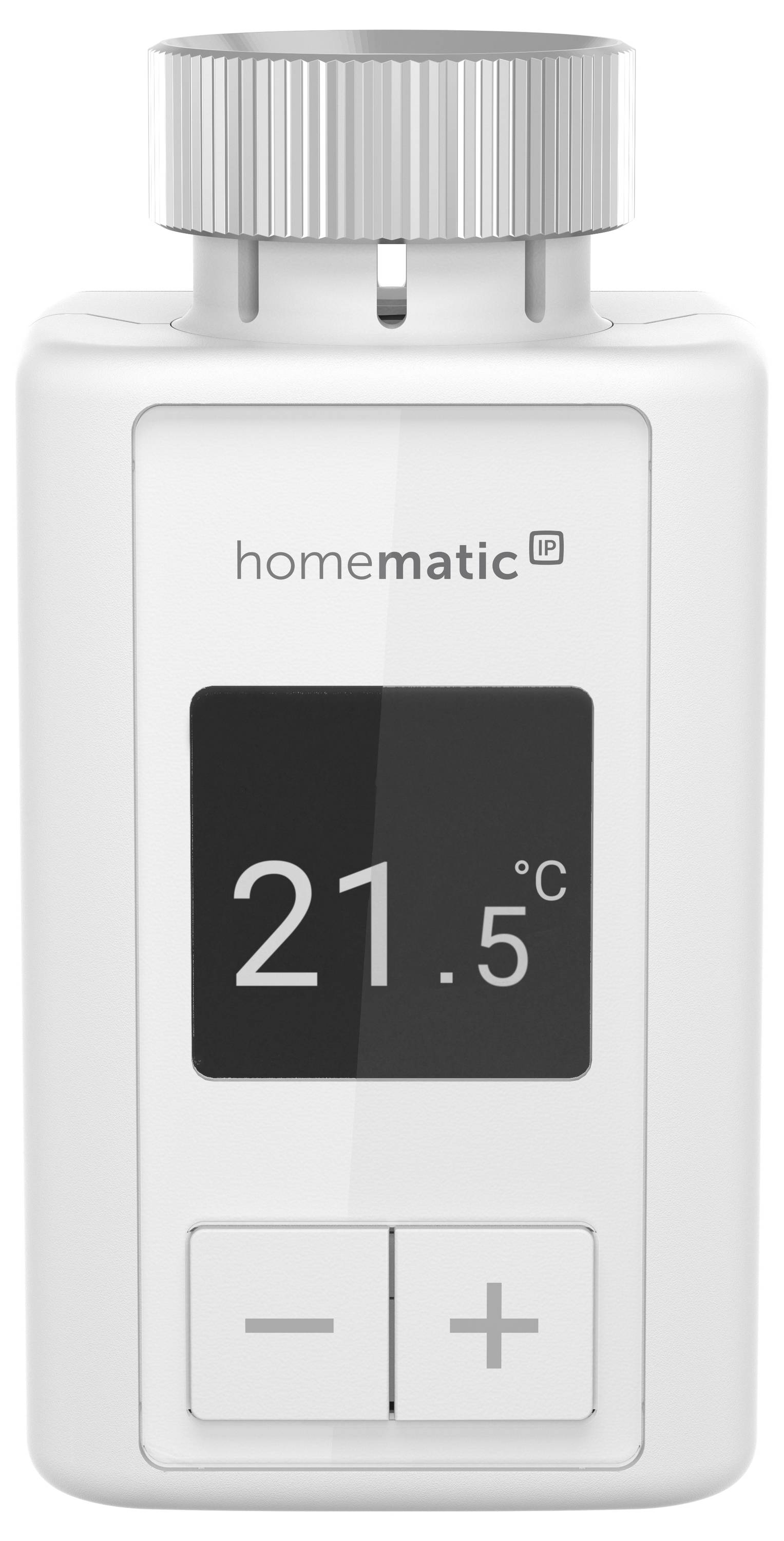 Radiatorski termostat z digitalno prikazovalnikom kaže '21,5 °C'. Vidno je ime blagovne znamke 'homematic IP'.