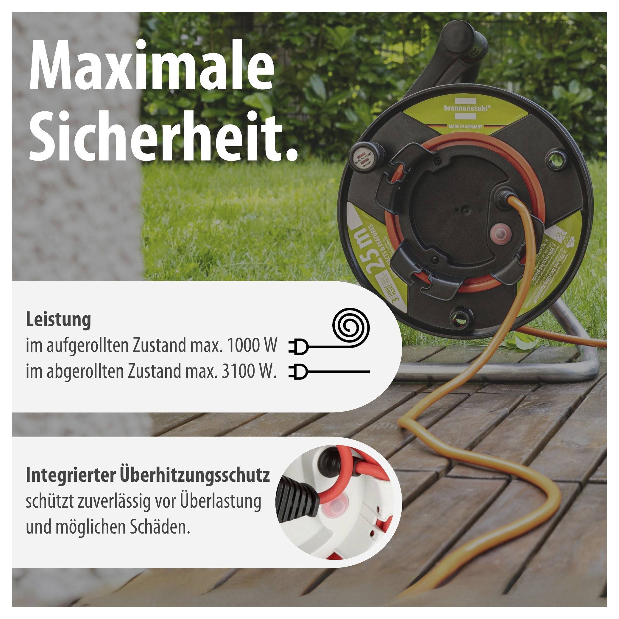 Oglas za produkt z bobnom za kabel: 'Maksimalna varnost'; Moč maks. 1000 W navitje, 3100 W odvitje; vgrajena zaščita pred pregrevanjem.