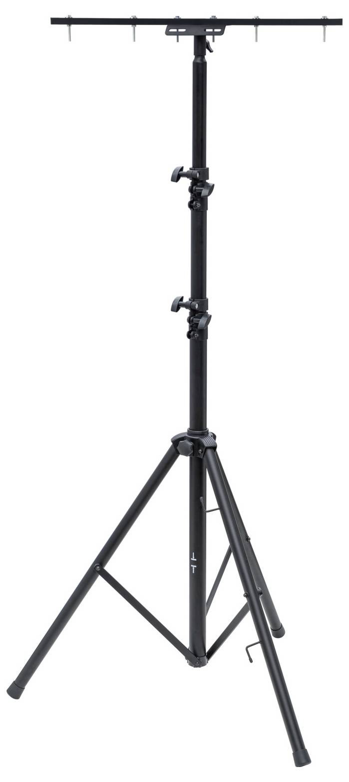 Črn stativni stojak z nastavljivo višino, štirimi nogami in zgornjo prečko, primeren za svetlobno ali avdio opremo.