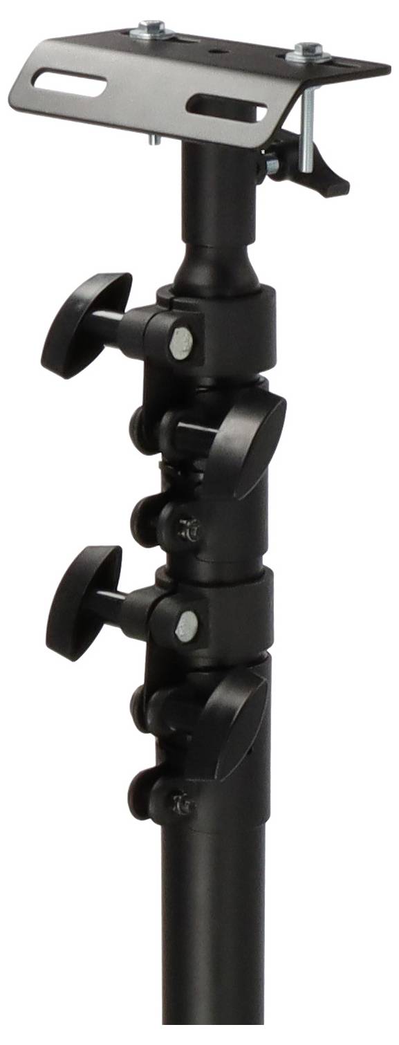 Nastavljiv, črn kovinski stativ z dvema fiksirnim vijakoma za prilagajanje višine, primeren za osvetlitveno opremo ali zaslone.