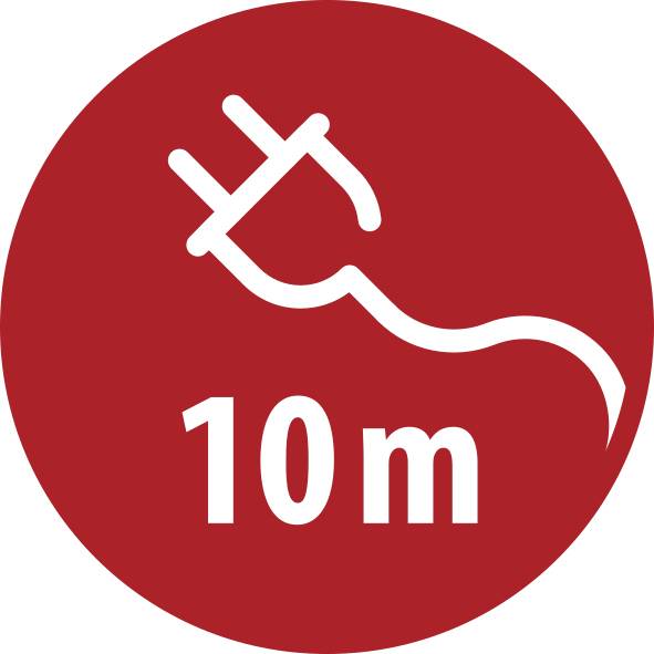 Rdeč okrogel opozorilni znak z belo ikono razključenega napajalnega kabla in besedilom '10m', ki označuje 10-metrsko omejitev električnega kabla.