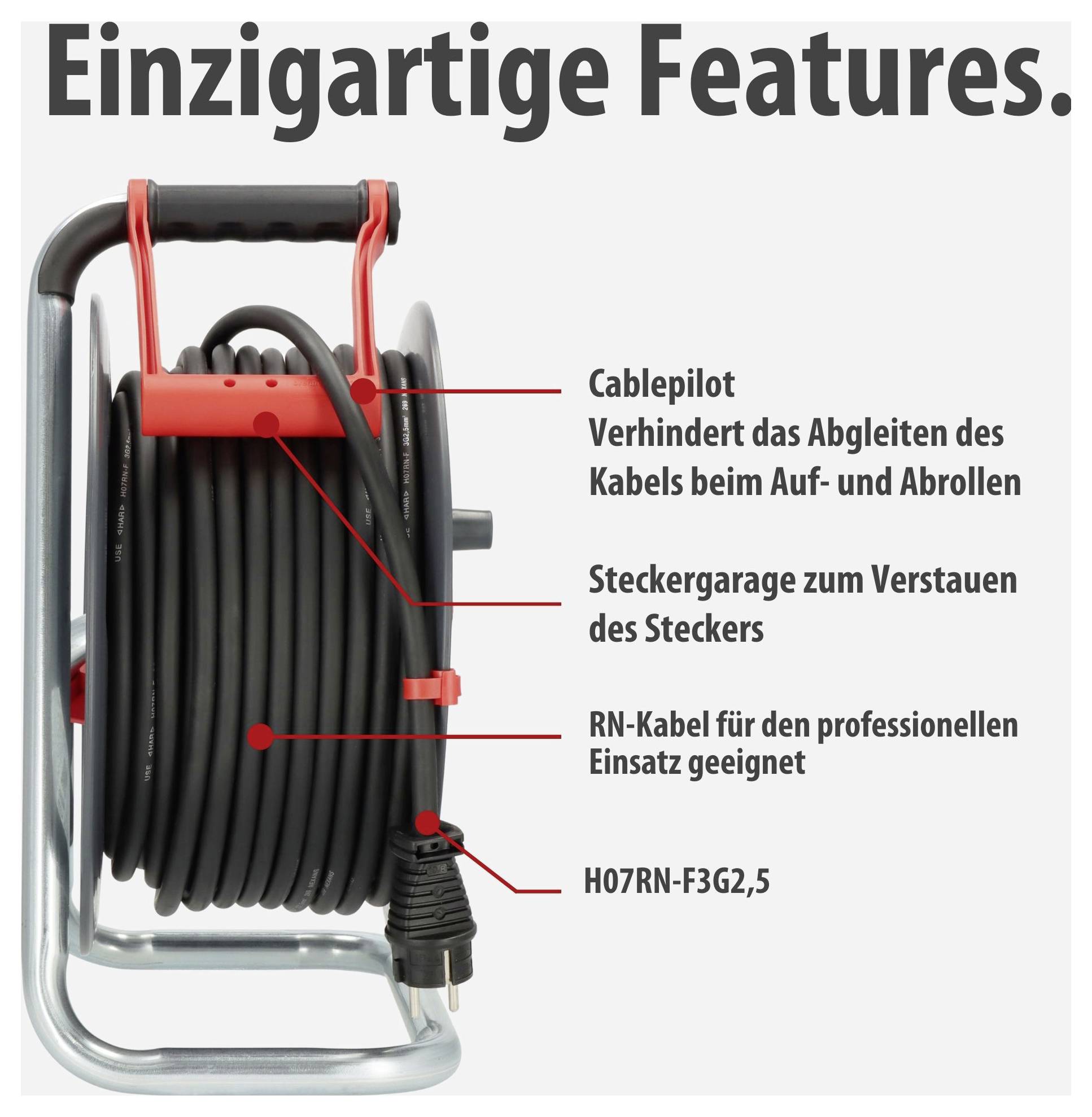 Kabelna boben z 'Edinstvenimi lastnostmi': Cablepilot proti zdrsu, Stekerjica, RN-kabel in H07RN-F3G2,5.