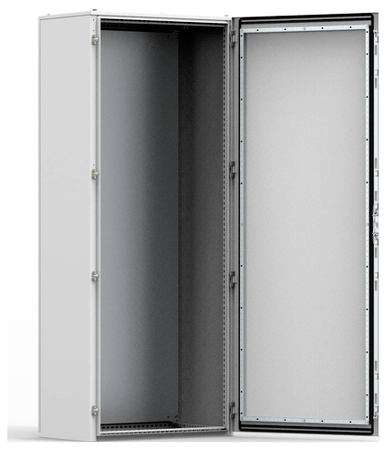 Kovinska omara z odprimi vrati, prikazuje prazen notranji prostor. Ohišje primerno za shranjevanje ali električne inštalacije.