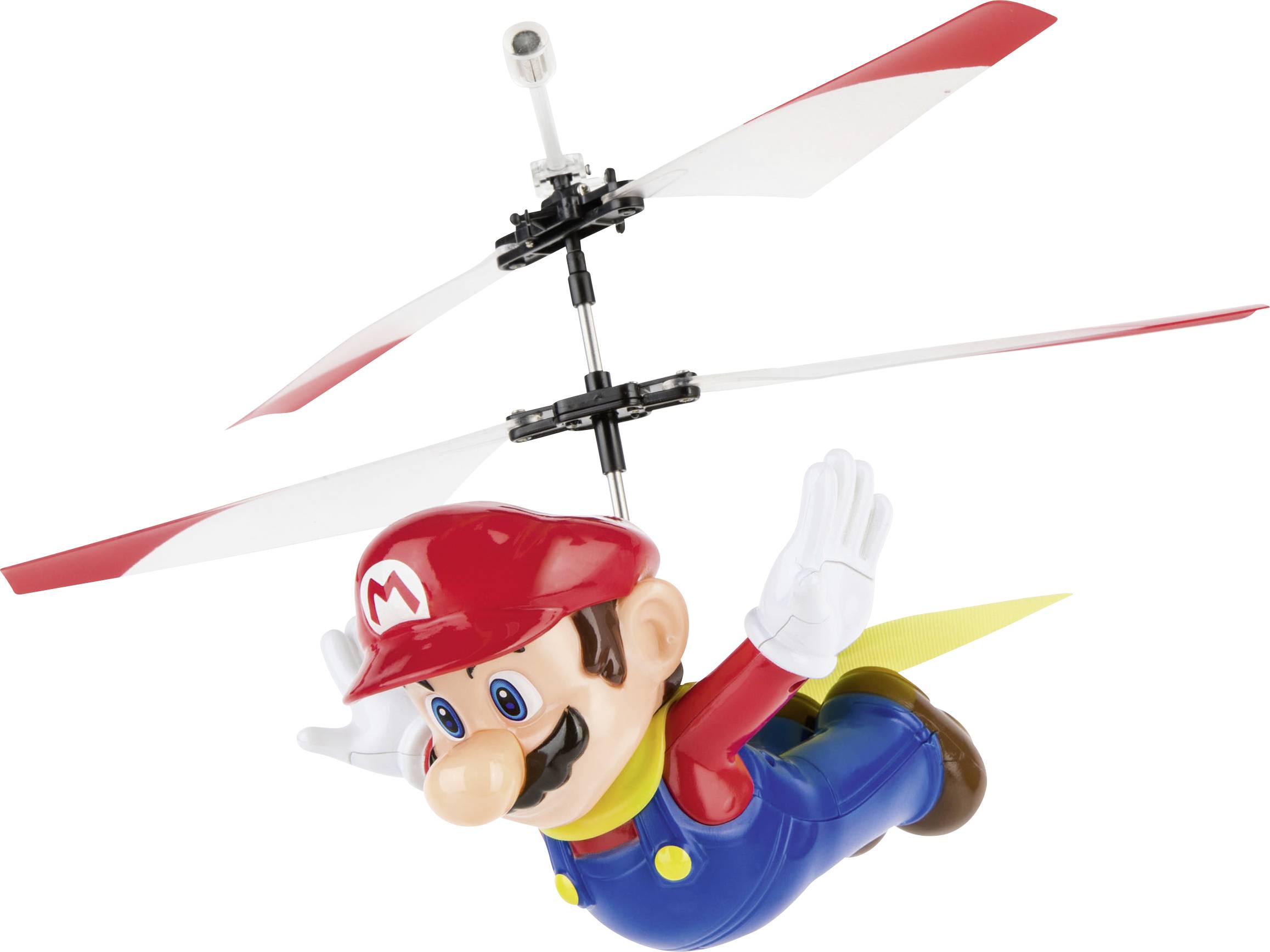 Igrača helikopter s figurico animiranega junaka v rdečem kombinezonu in kapi, iztegnjene roke, pripravljen na let.