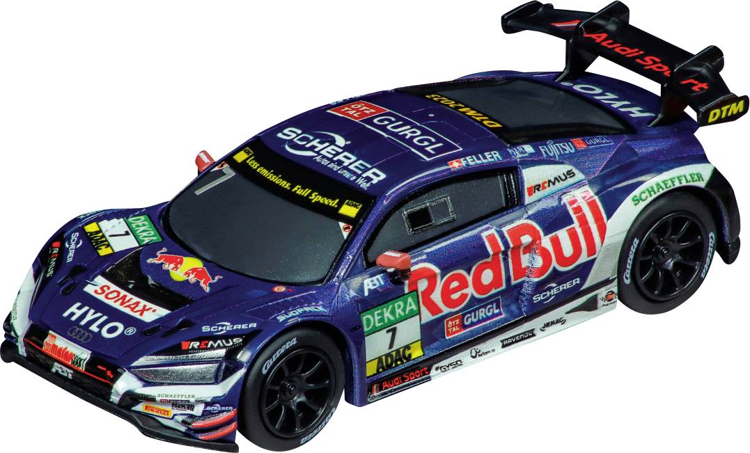 Model igrače dirkalnega avtomobila, okrašen z numerous blagovnimi znamkami, kot sta 'Red Bull' in 'Audi Sport'.