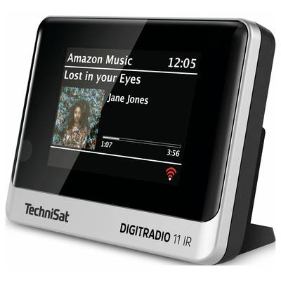Radijski budilnik z zaslonom prikazuje 'Amazon Music: Izgubljen v tvojih očeh' od 'Jane Jones'. Predvaja pri 1:07 od 3:56. Simbol WLAN-a je viden.