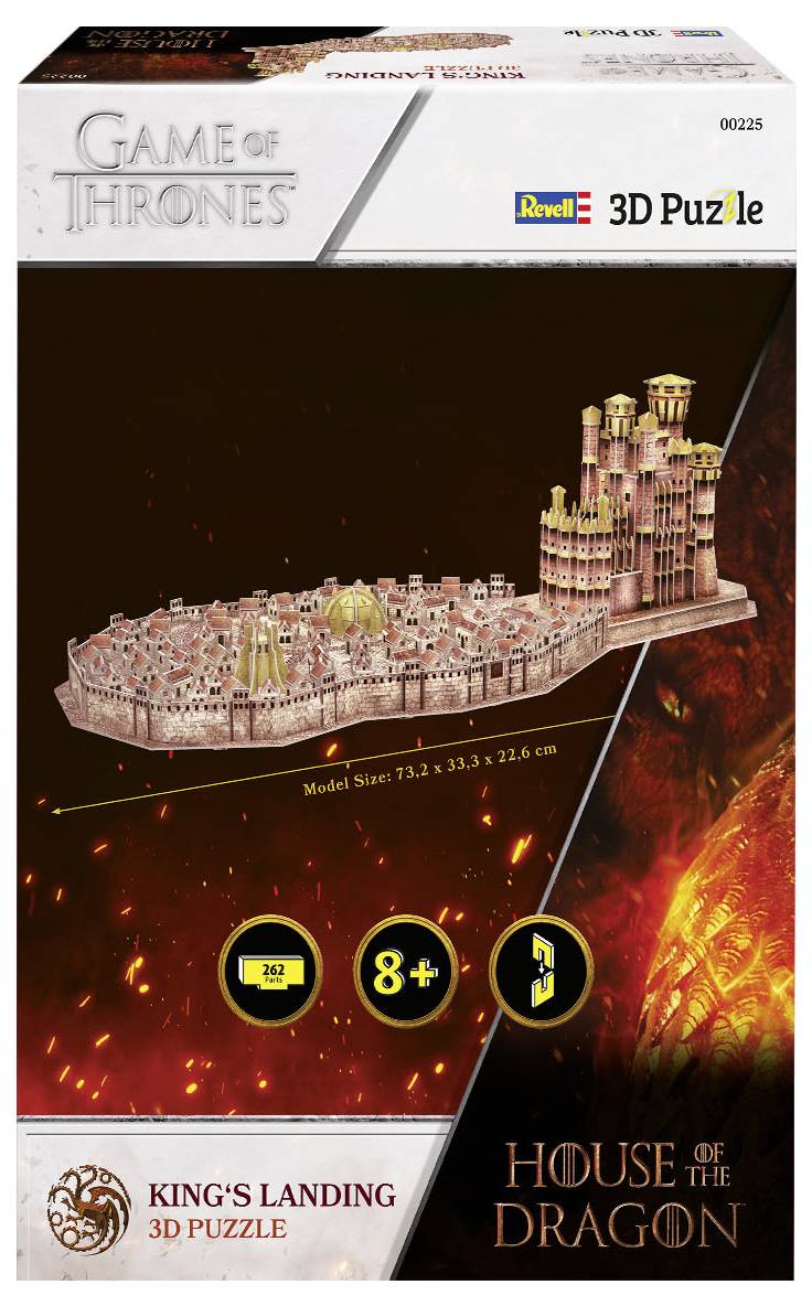 '3D sestavljanka King's Landing iz serije House of the Dragon, priporočena za otroke od 8. leta naprej. Velikost modela: 73,3 x 33,3 x 22,6 cm.'