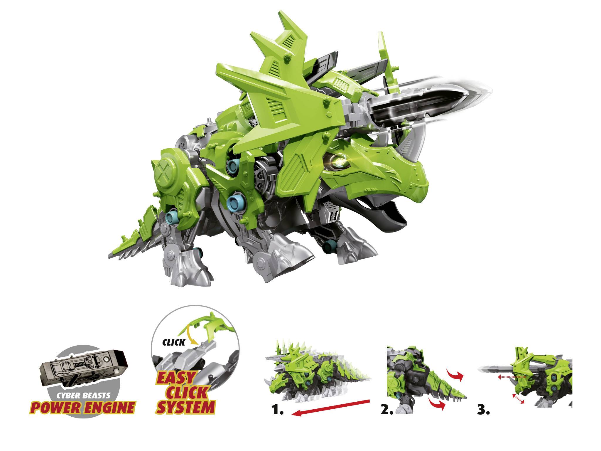 Zeleni robotski dinozaver iz zložljivih delov, ki gleda desno, z 'Easy Click sistemom' in 'Power pogonom'.