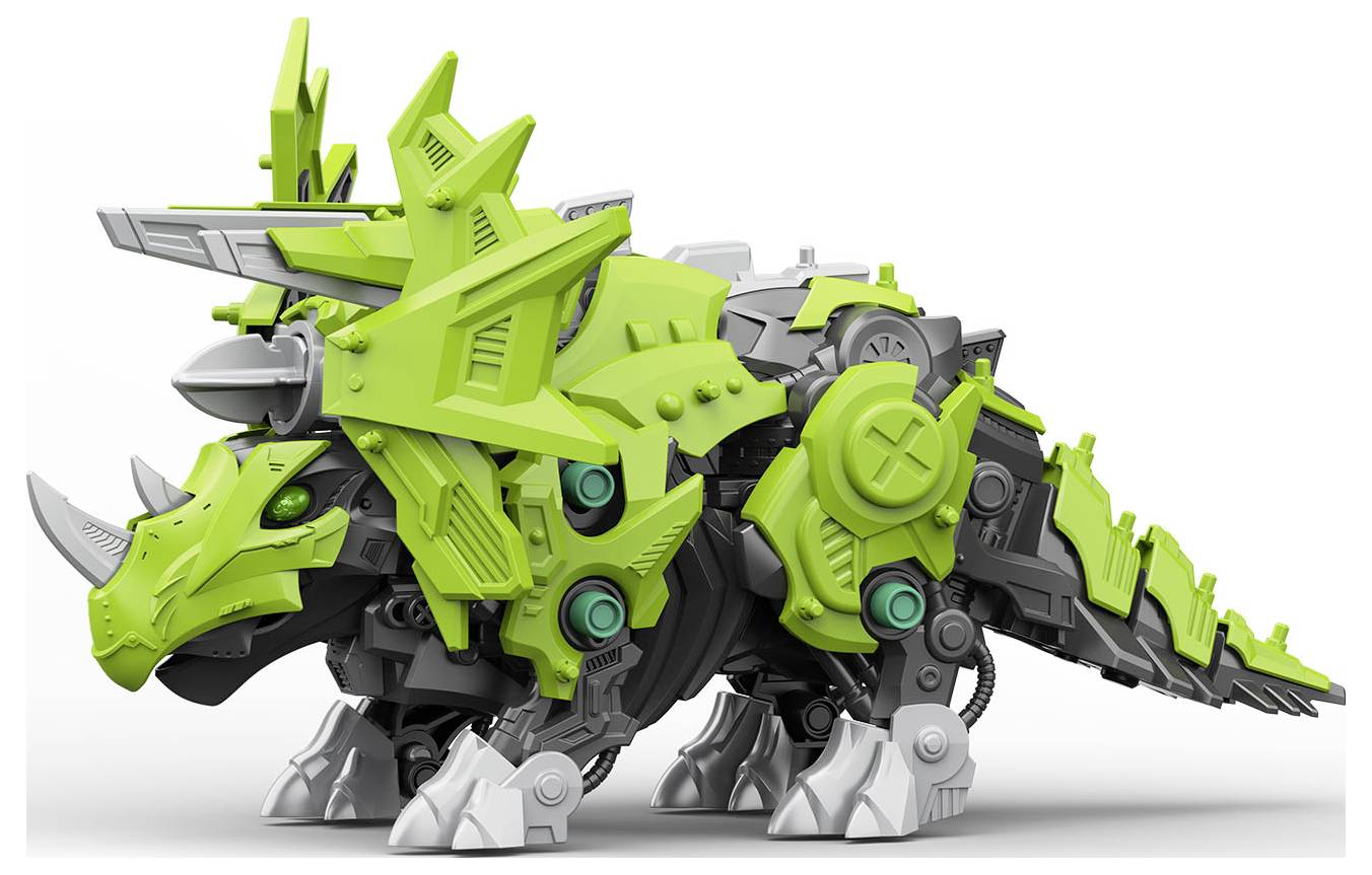 Zeleno-siv robotski dinozaver z rogovi in mehanskimi detajli, ki prikazuje futuristični dizajn in tehnologijo.