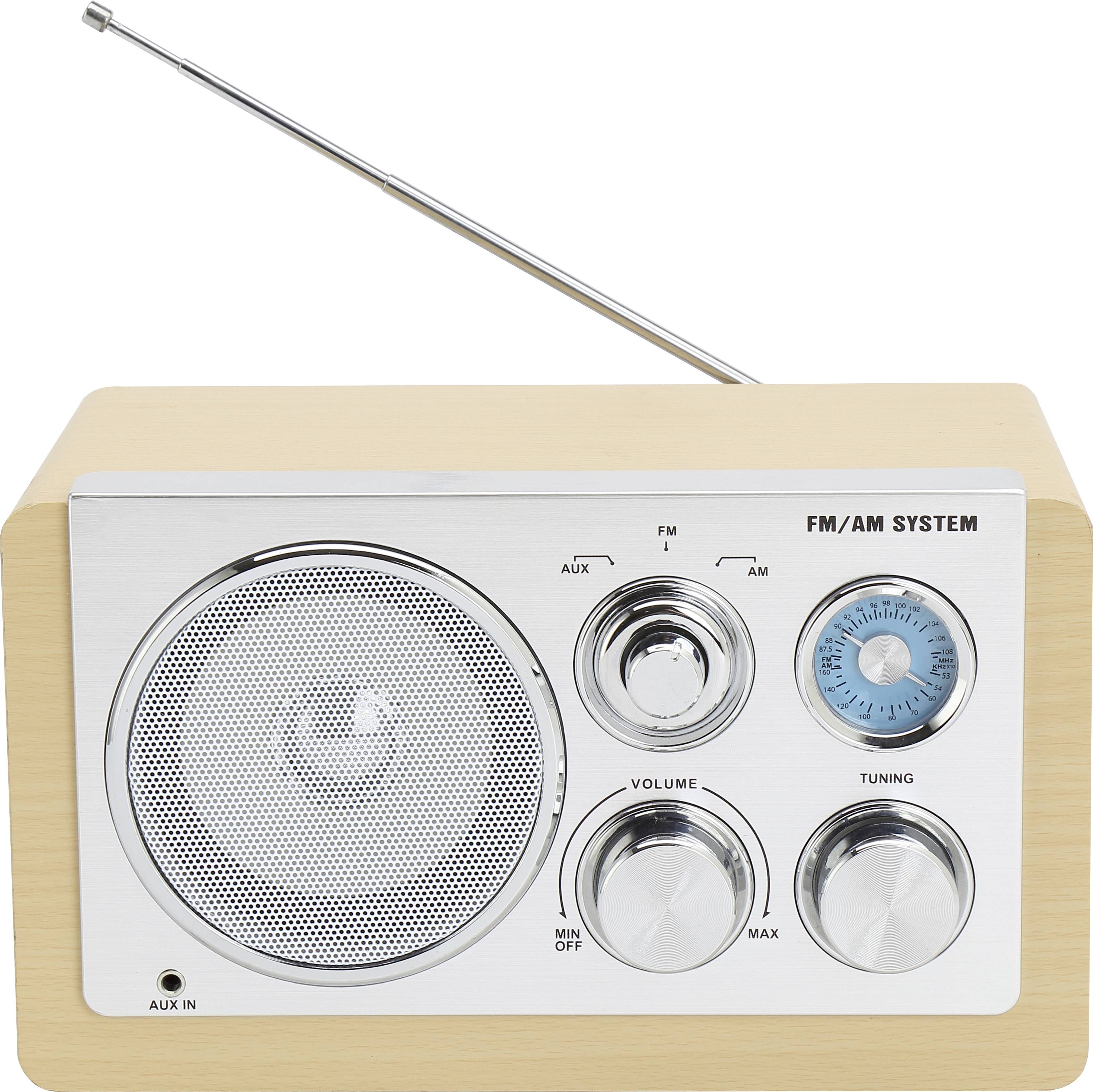 Vintage FM/AM radio z lesenim ohišjem, velikim zvočnikom na levi strani in tremi vrtljivimi gumbi na desni za nastavljanje glasnosti in frekvence.