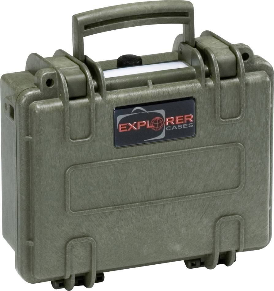 Vodotesen, robustni olivno zeleni kovček z ročajem in nalepko 'Explorer Cases'. Primeren za varen transport opreme.
