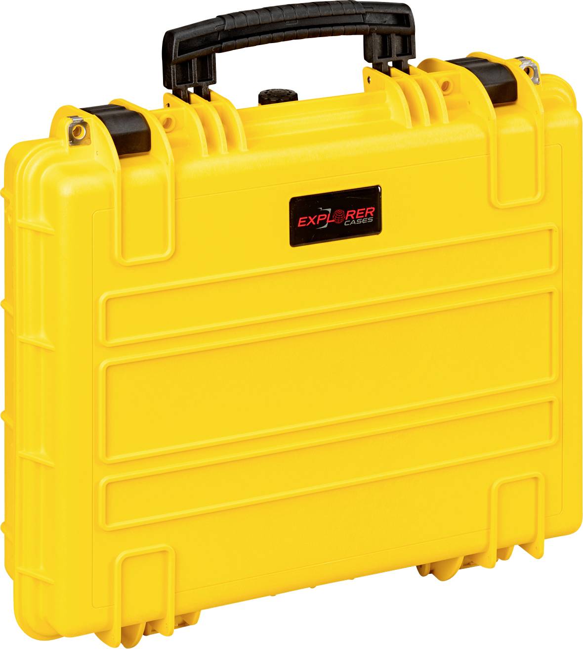 Rumen, robustni plastični kovček z črnim ročajem. Nalepka prikazuje logotip 'Explorer Cases'.
