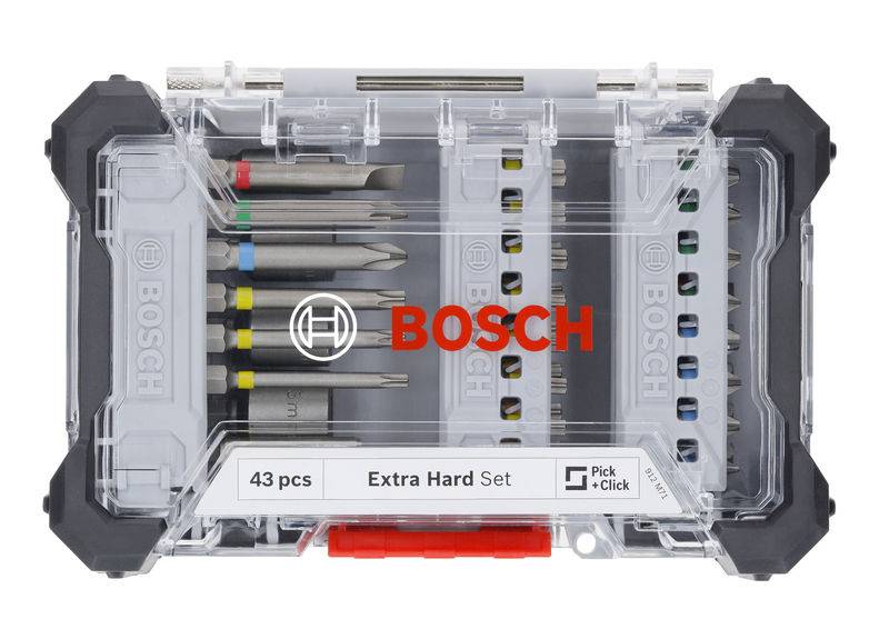 Komplet vijačnikov v plastični škatli znamke Bosch, 43 delov, z oznako 'Extra Hard Set', vsebuje različne nastavke in konice.