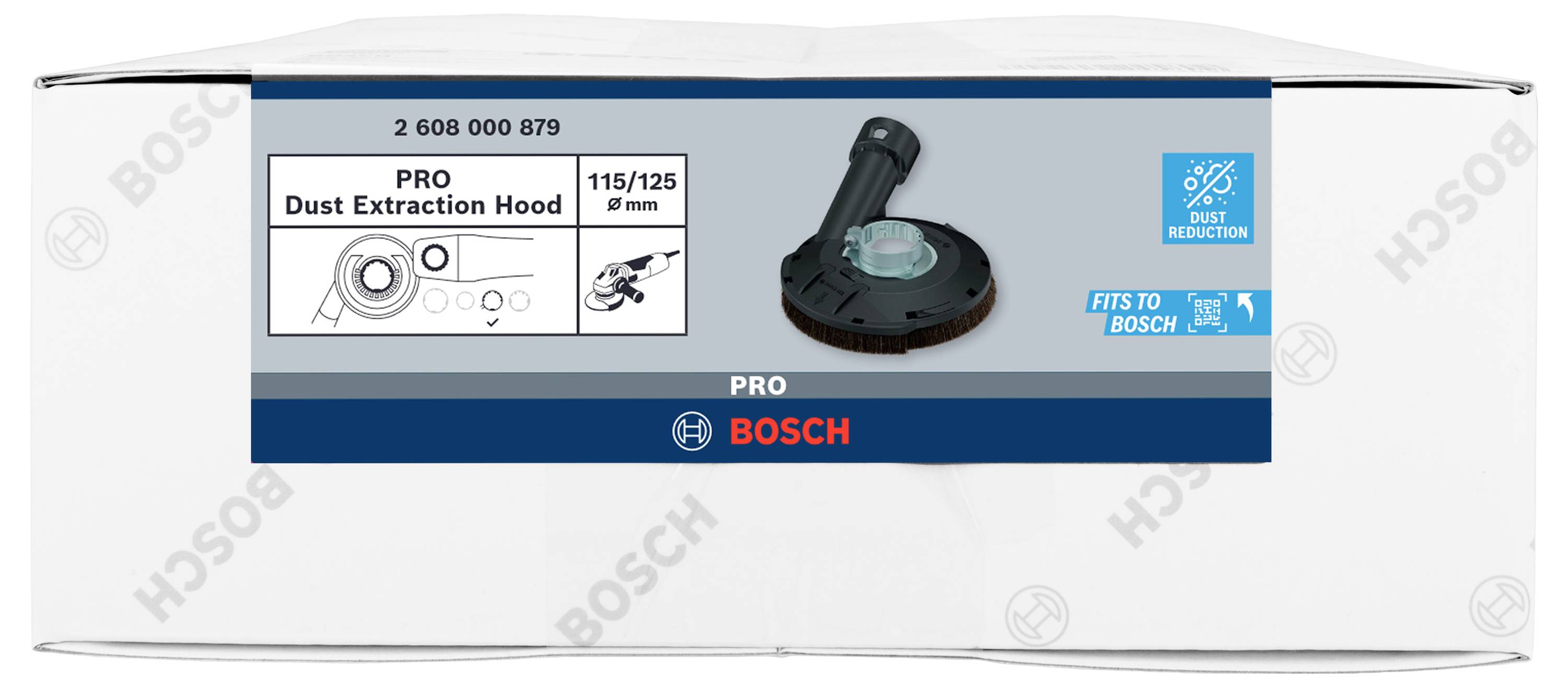 Sesalna pokrov PRO za 115/125 mm kotne brusilnike Bosch. Slika prikazuje izdelek z logotipom in navodili za namestitev.