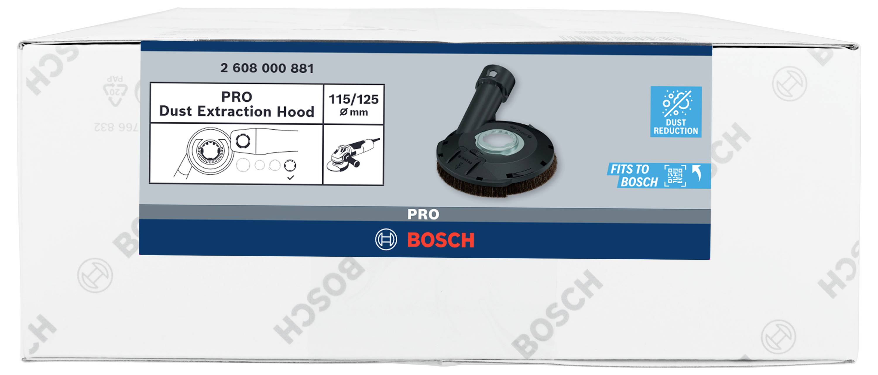 Boscheva odsesovalna loputa za brusilnike premera 115/125 mm. Slika prikazuje orodje ter simbole za zmanjšanje prahu in združljivost z Boschevimi orodji.