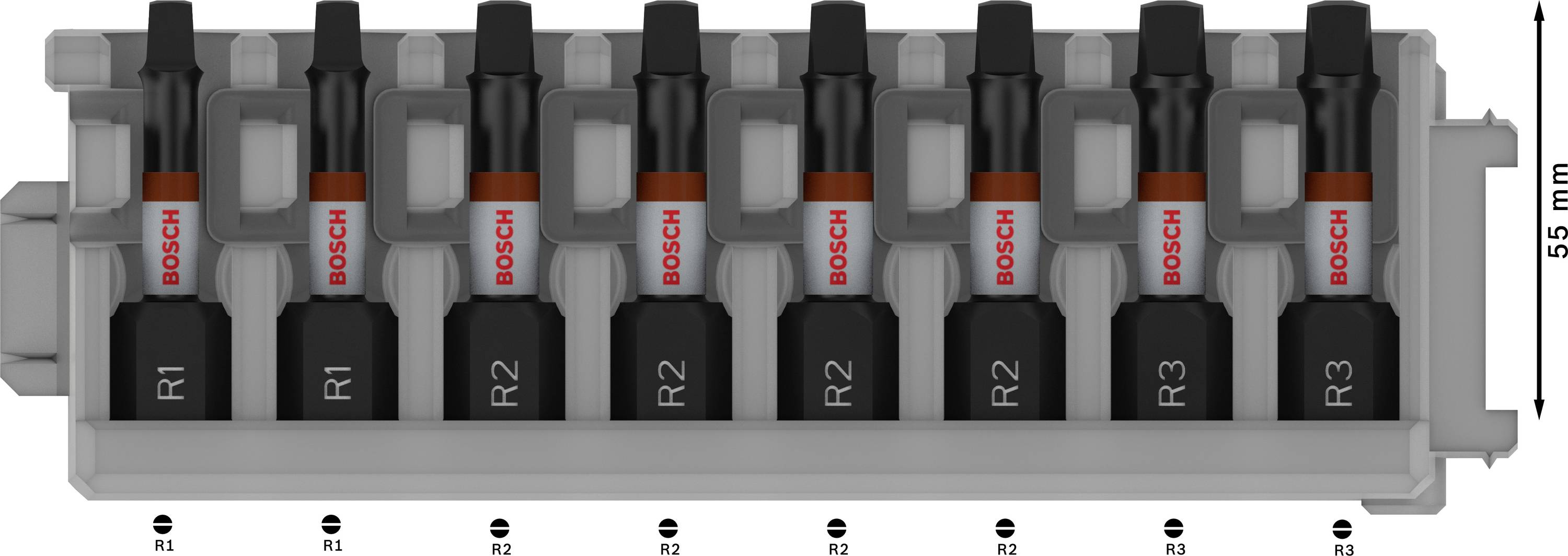 Komplet bitov 'Bosch' z osmimi črnimi biti v sivi držalni. Vsak bit je označen z 'R1', 'R2' ali 'R3'. Visok 55 mm.
