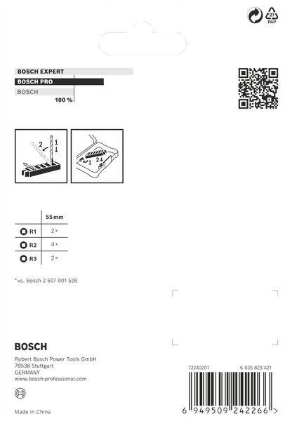 Hrbtna stran embalaže z logotipom Bosch in QR-kodo. Navodila za uporabo izdelka z merskimi podatki. Izdelano na Kitajskem.